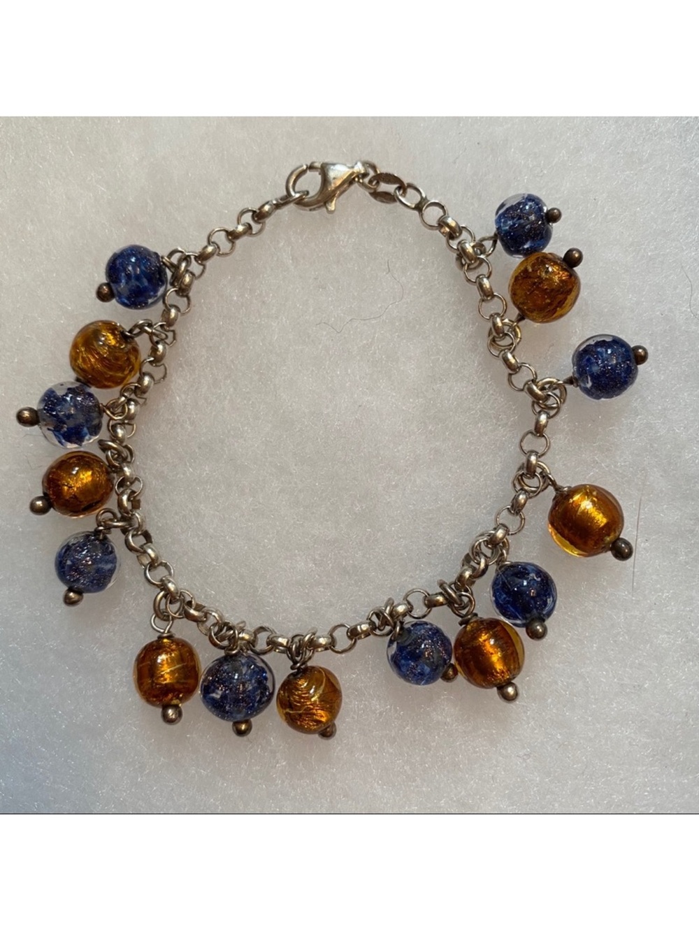 AR BRACELET STERLING SILVER 925 BLUE BRONZE COLOR GLASS BEADS DANGLE ITALY 7”